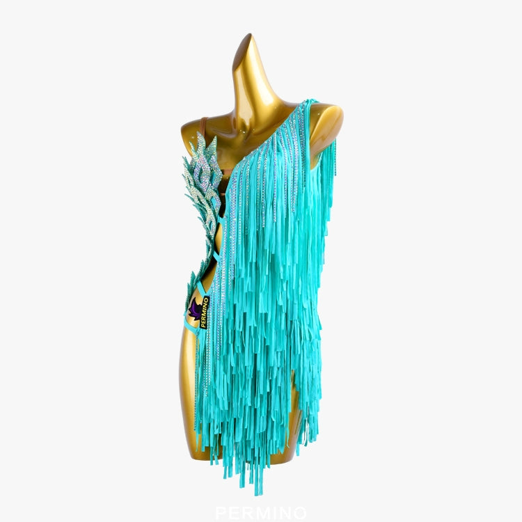 PERMINO.L033F Turquoise Latin Dance Dress – One-Shoulder Rhinestone Fringe Performance Outfit