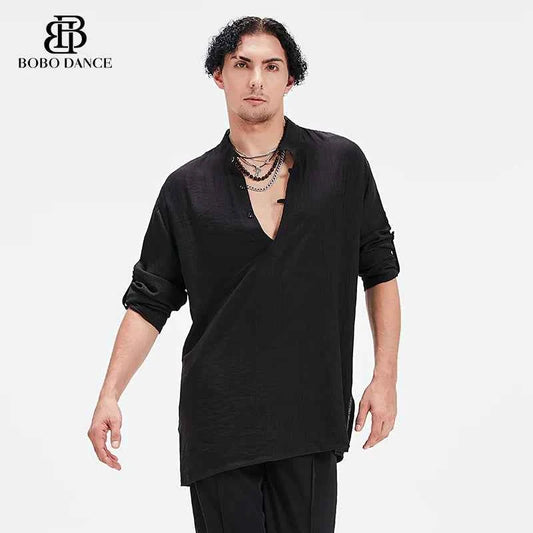 BOBO Boys Latin Dance Clothing High-end Professional Practice Clothing Men's Adult Loose Art Test Short Sleeve Top