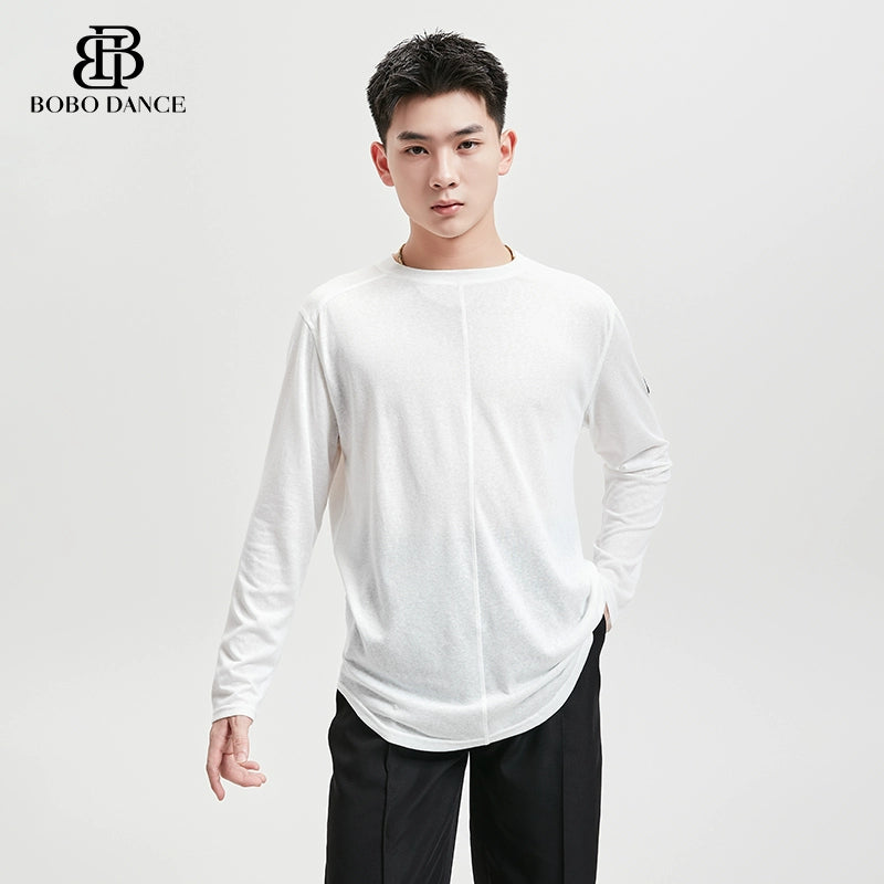 BOBO Boys Latin Dance Suit Crew Neck Long Sleeve T-Shirt Men's Ballroom Dance Professional Latin Practice Suit Dance Top