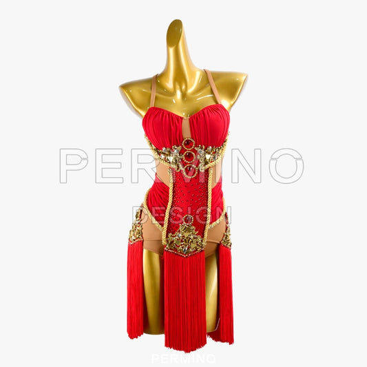 PERMINO.L038F Exquisite Red Latin Dance Dress with Gold Embellishments