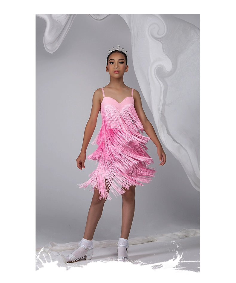 WJ Latin dance suspender fringed dress for girls 2025 new backless practice clothes competition flower clothes