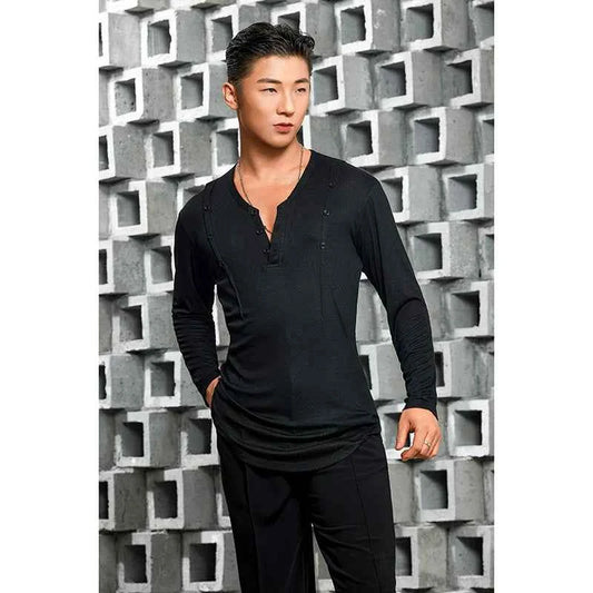 Dongxin dance suit, Latin dance Tencel light men's top V-neck breasted long-sleeved practice suit NY682