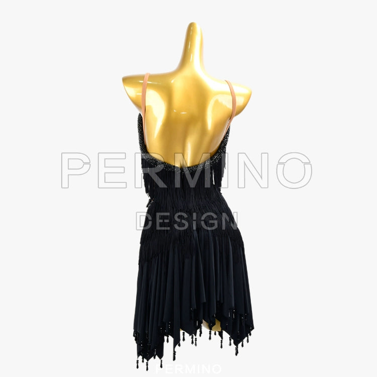 PERMINO.L035F Glamorous Black Fringe Latin Dance Dress