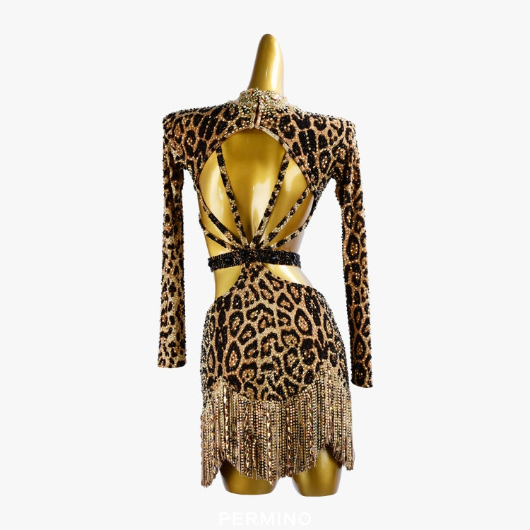 PERMINO.L028F Leopard Latin Dance Costume for Women – Long Sleeve Fringe Salsa Dress