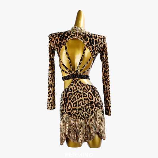 PERMINO.L028F Leopard Latin Dance Costume for Women – Long Sleeve Fringe Salsa Dress
