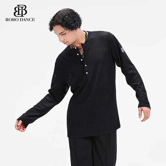 BOBO Men's Latin Dance Suit High-end Professional Practice Suit Adult Personality Performance Top Long Sleeve Dance Suit