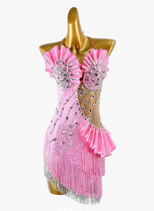PERMINO.L032F Pink Latin Dance Dress – Rhinestone Halter Fringe Dress with Ruffle Details