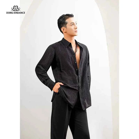Dongxin dance suit Latin dance acetic acid long-sleeved shirt, practice suit men's training top NY839