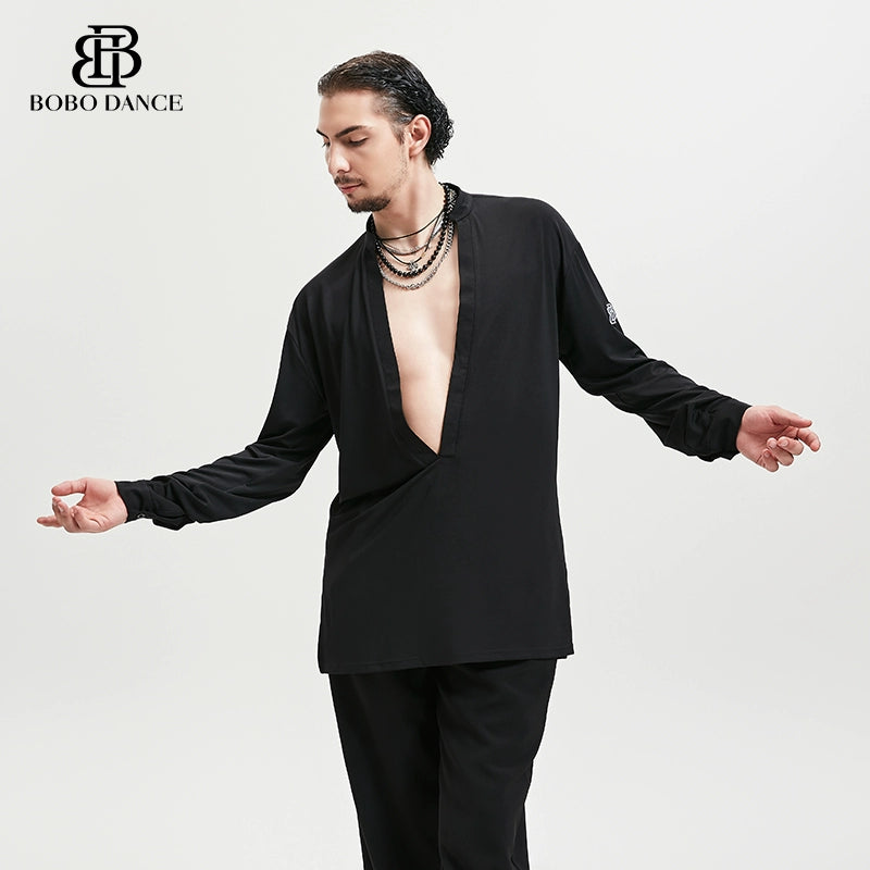 BOBO Boys Latin Dance Suit Men's Deep V-Neck Black National Standard Top Long Sleeve Dance Suit Practice Adult Exercise Practice