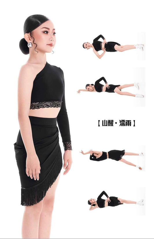 DUYQ children's style "Mountain Awakening Rain" 003 classic slanted shoulder short Latin dance girls' practice clothes professional
