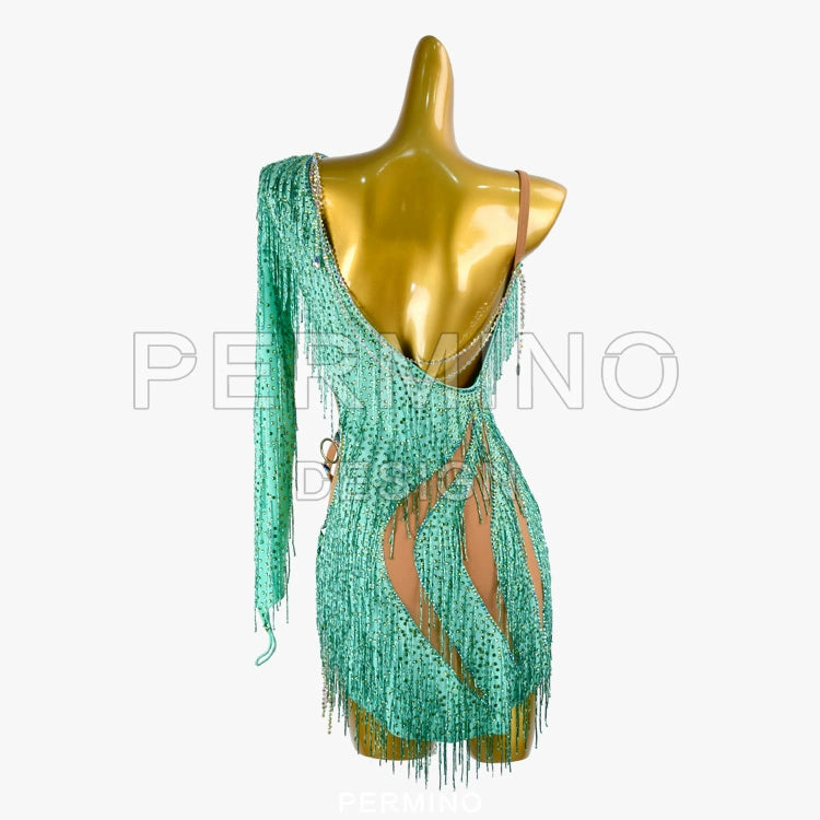 PERMINO.L039F Shoulder Mint Green Fringe Dance Dress