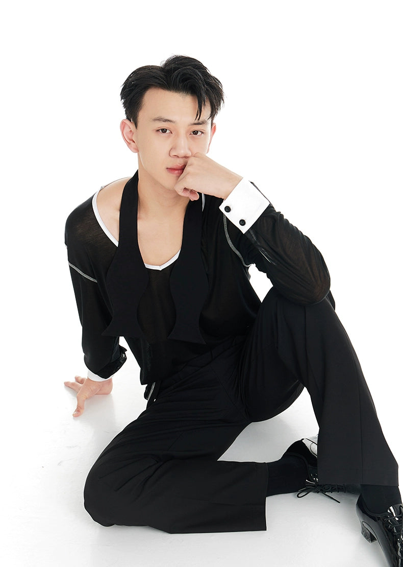 DUYQ "Black and White" Men's 005 Small V-neck Long Sleeve Top Adult National Standard Latin Dance Basic Practice Suit