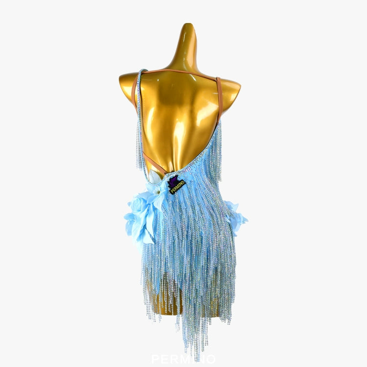 PERMINO.L031F Light Blue Latin Dance Dress – Floral Appliqué & Crystal Fringe Performance Costume
