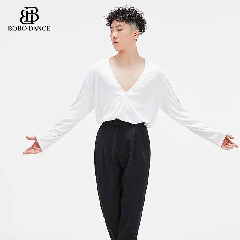 BOBO Boys Latin Dance Suit V-Neck Long Sleeve T-Shirt Men's Ballroom Dance Professional Latin Practice Suit Dance Top