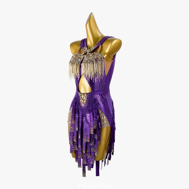PERMINO.L019F Women’s Purple and Gold Rhinestone Latin Dress