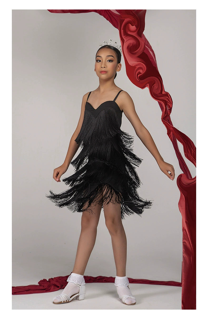 WJ Latin dance suspender fringed dress for girls 2025 new backless practice clothes competition flower clothes