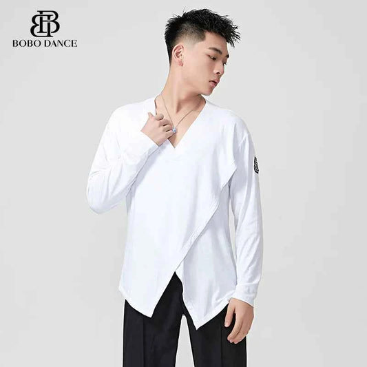 BOBO.L073 Boys Latin Dance Suit Crew Neck Black and White T-Shirt Men's Ballroom Dance Professional Latin Practice Suit Dance Top