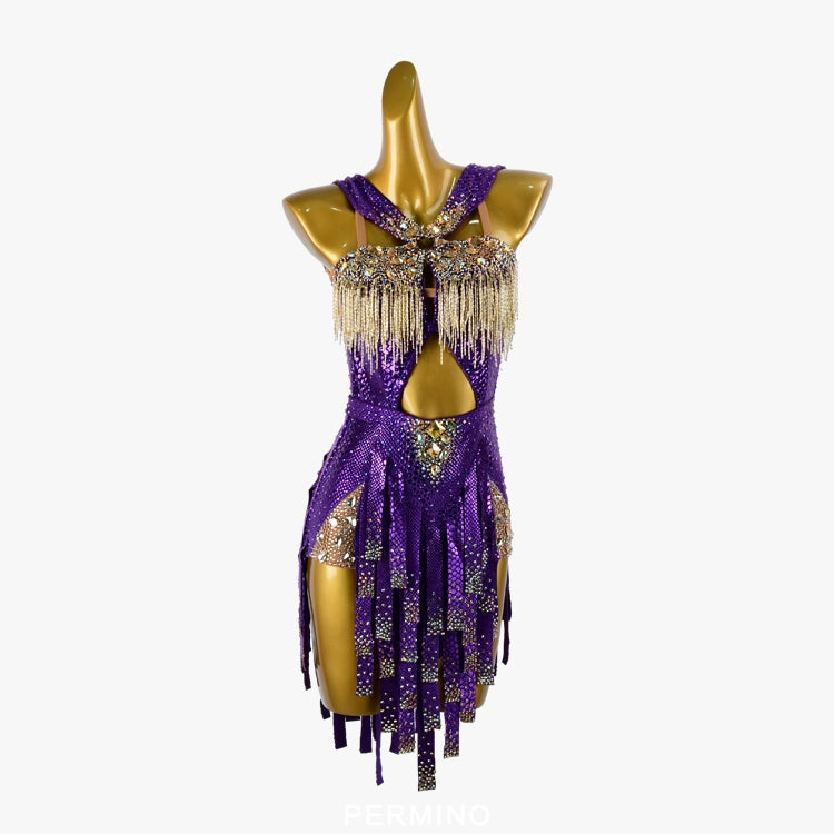 PERMINO.L019F Women’s Purple and Gold Rhinestone Latin Dress