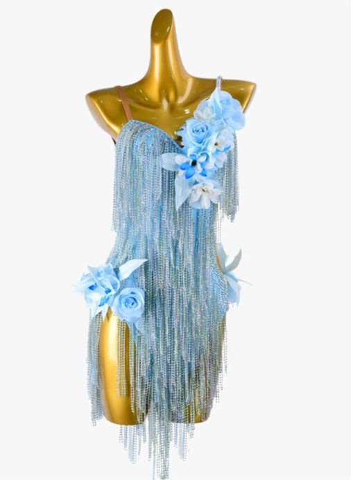 PERMINO.L031F Light Blue Latin Dance Dress – Floral Appliqué & Crystal Fringe Performance Costume
