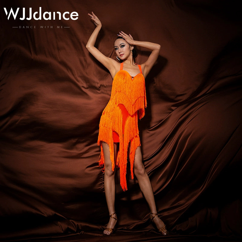 WJJdance Latin dance dress women's new neck strap arc tassel national standard practice suit competition