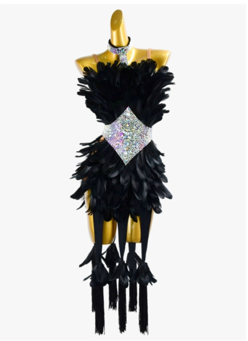 PERMINO.L037F Women’s Black Feather Performance Dress – Lightweight & Breathable Latin Costume