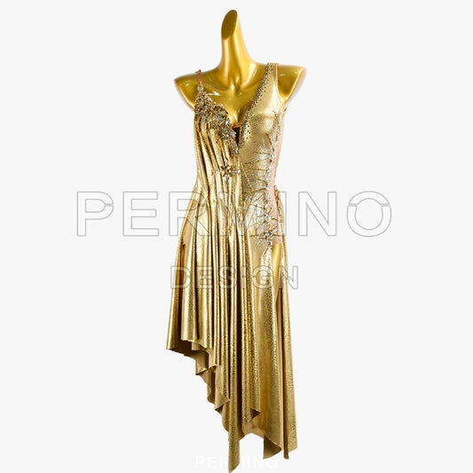 PERMINO.L034F Gold Latin Dance Dress – Asymmetrical One-Shoulder Ballroom Performance Costume