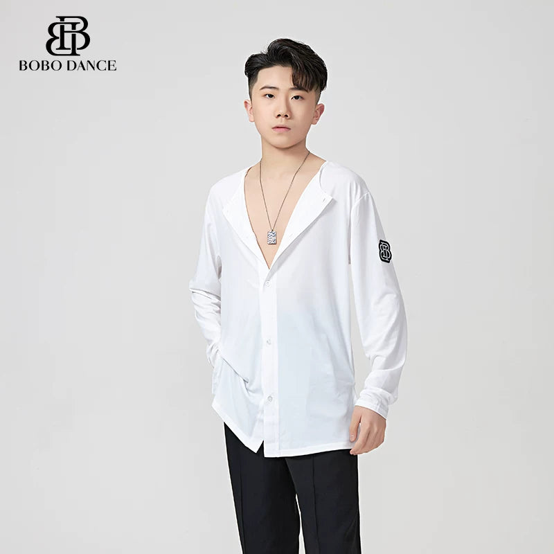 BOBO-DANCE.L083 Men's Latin Dance Suit Training Uniform Boys Adult Autumn and Winter Loose Long Sleeve Top Crew Neck T-Shirt Practice
