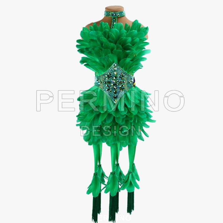 PERMINO.L037F Women’s Black Feather Performance Dress – Lightweight & Breathable Latin Costume