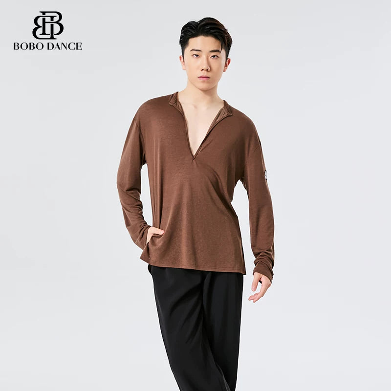 BOBO. L157 Boys Latin Dance Clothing High-end Professional Practice Clothing Men's Adult Loose Long Sleeve Top