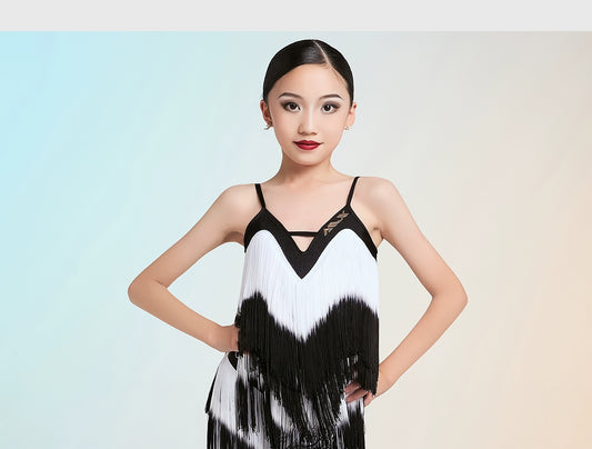 MLX.GOLD501 Children's New Latin Dance Practice Suit Girls' Fringed Suspender Dress Dance Training Performance Costume