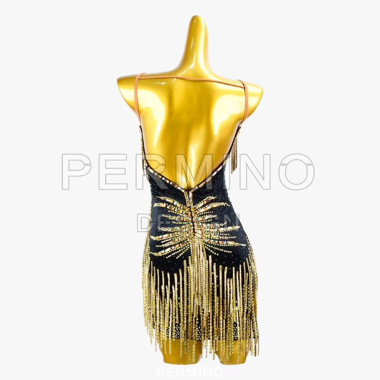 PERMINO.L036F Black Latin Dance Dress – Strapless Fringe Design with Side Cutout Lace-Up Detail