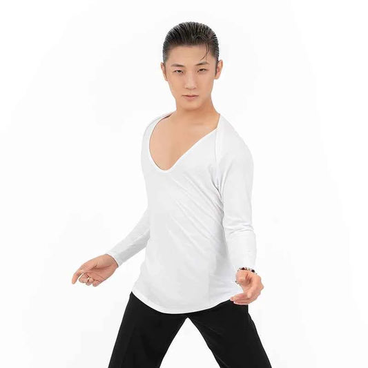 DONGXIN shoulder cut fake two men's long-sleeved T-shirt, round/V two-neck cotton dance top NY328