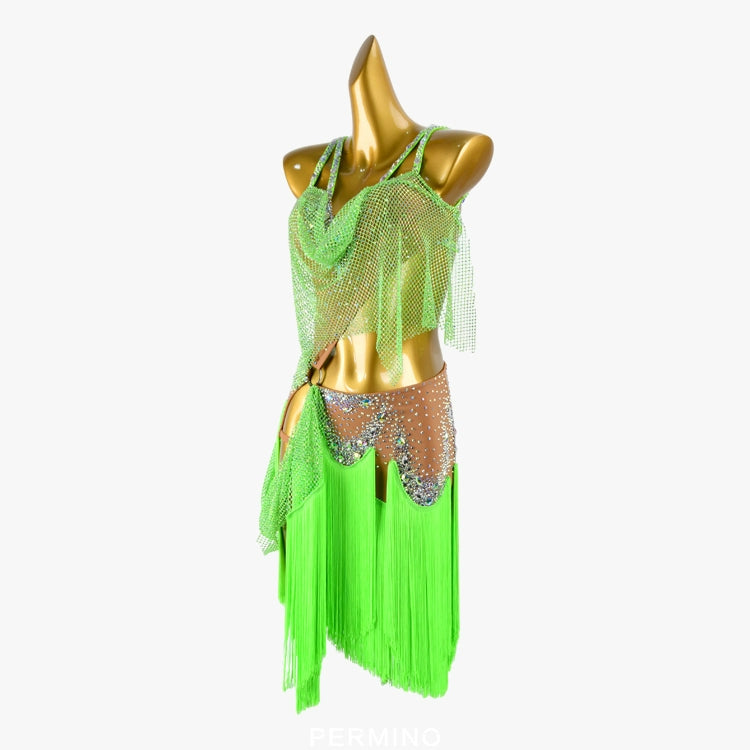 PERMINO.L027F Neon Green Latin Dance Dress – Mesh & Fringe with Crystal Accents