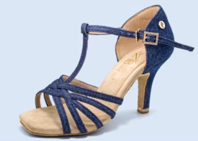 ABA.L101FE Ladies Dark Denim T-Strap Latin Dance Shoes - Mine·Jas