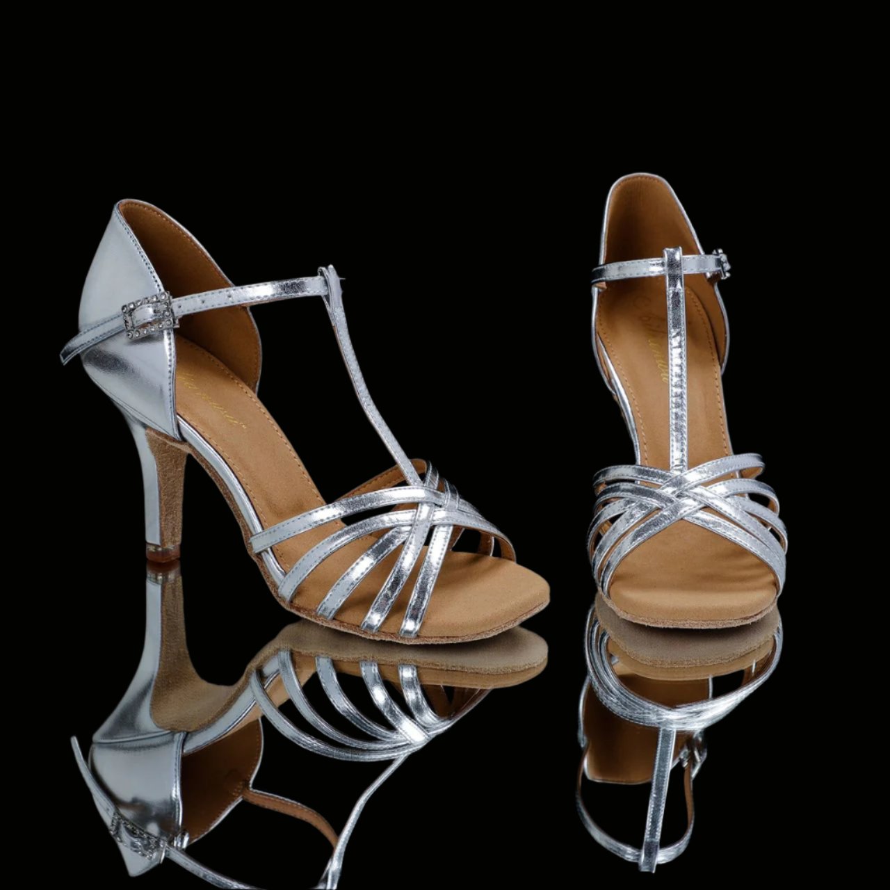 MINEJAS.L102 Shimmering Elegance T-Strap Women’s Silver Latin Dance Shoes