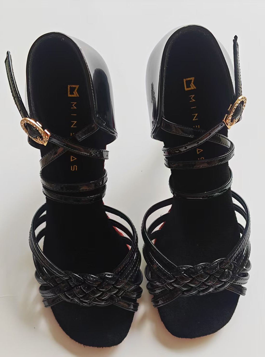 MINEJAS.L246 Black Patent Leather Dance Shoes with Woven Design and Rubber Non-Slip Sole