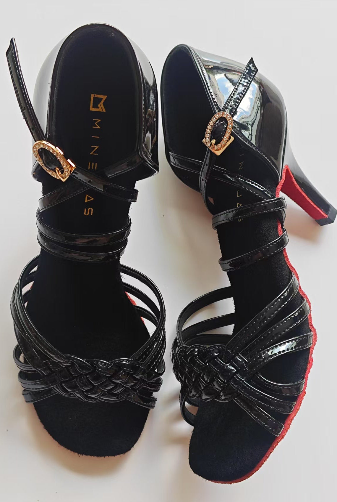 MINEJAS.L246 Black Patent Leather Dance Shoes with Woven Design and Rubber Non-Slip Sole