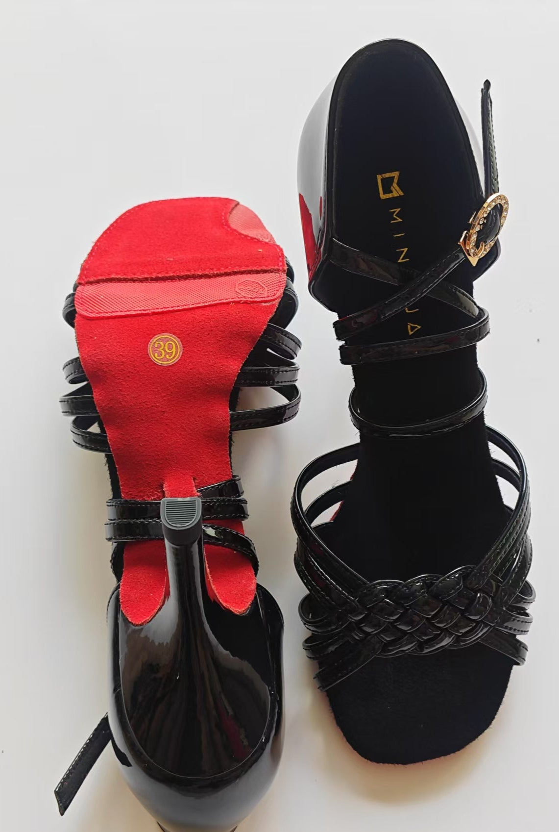 MINEJAS.L246 Black Patent Leather Dance Shoes with Woven Design and Rubber Non-Slip Sole