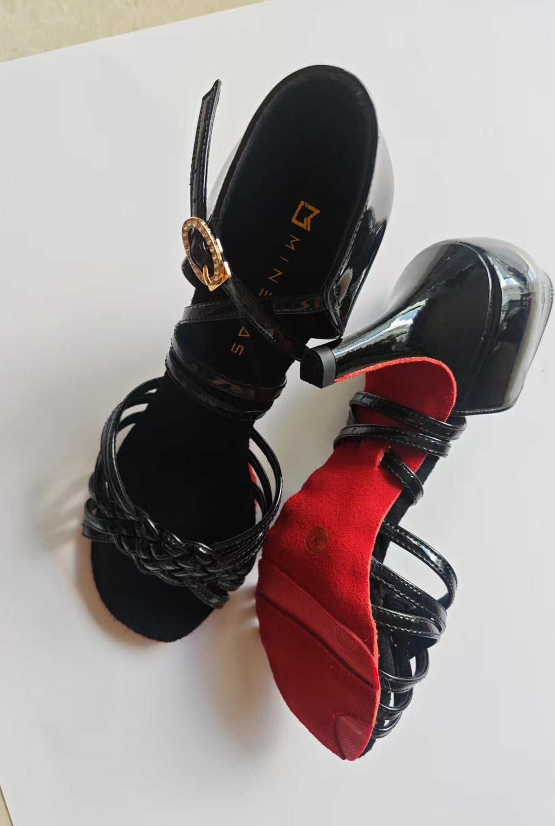 MINEJAS.L246 Black Patent Leather Dance Shoes with Woven Design and Rubber Non-Slip Sole
