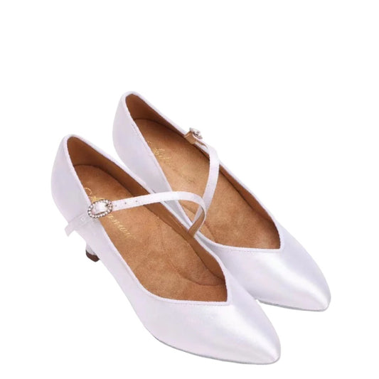 MINEJAS.B003FE LADIES V-shape WHITE SATIN BALLROOM SHOES – Customizable Fit & Style