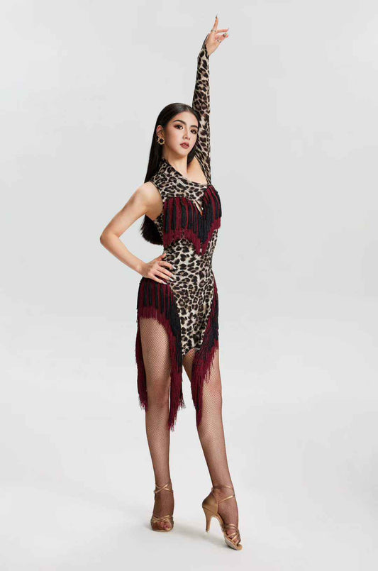 VERNA.2513 Asymmetrical Fringe Latin Dance Unitard Dress Women Grey Leopard & Burgundy