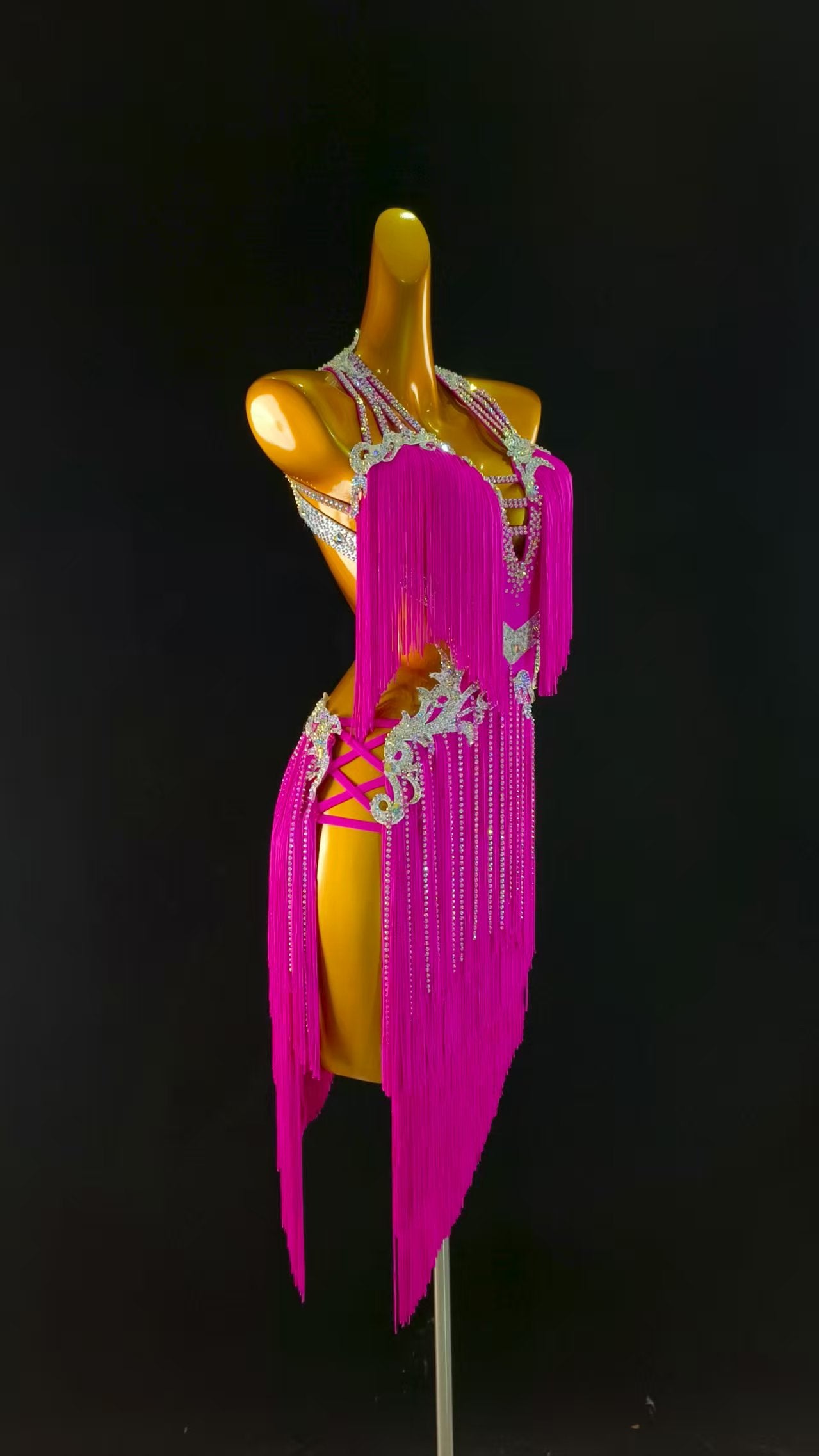 MINEJAS.L039P Hot Pink Fringe Latin Dance Dress with Rhinestone Detailing – Women’s Ballroom Competition Costume