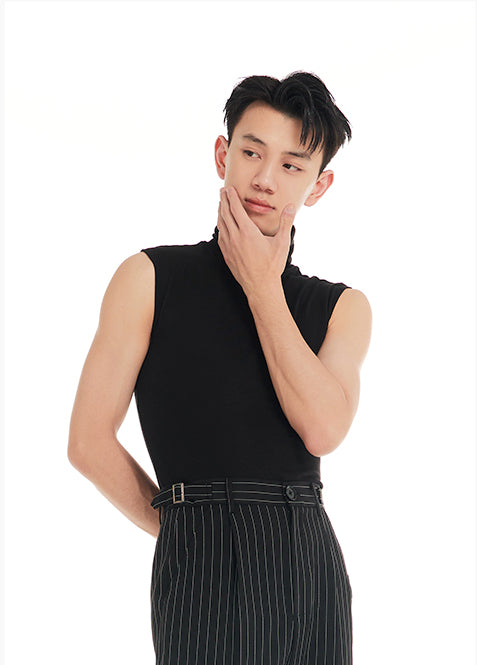 DUYQ "Black and White" Men's 010 Black High Neck Sleeveless Vest National Standard Latin Dance Practice Suit