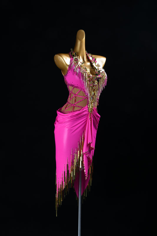 MINEJAS.F1826 Bright Pink & Gold Mid-Length Latin Competition Dress