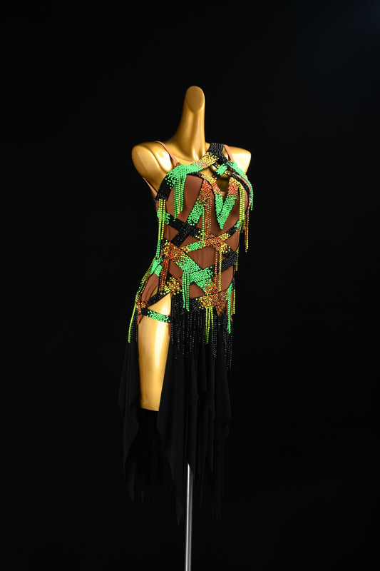 MINEJAS.2426 Women's Latin Dance Dress - Nude Lining, Green Rhinestones, Black Flounce Skirt