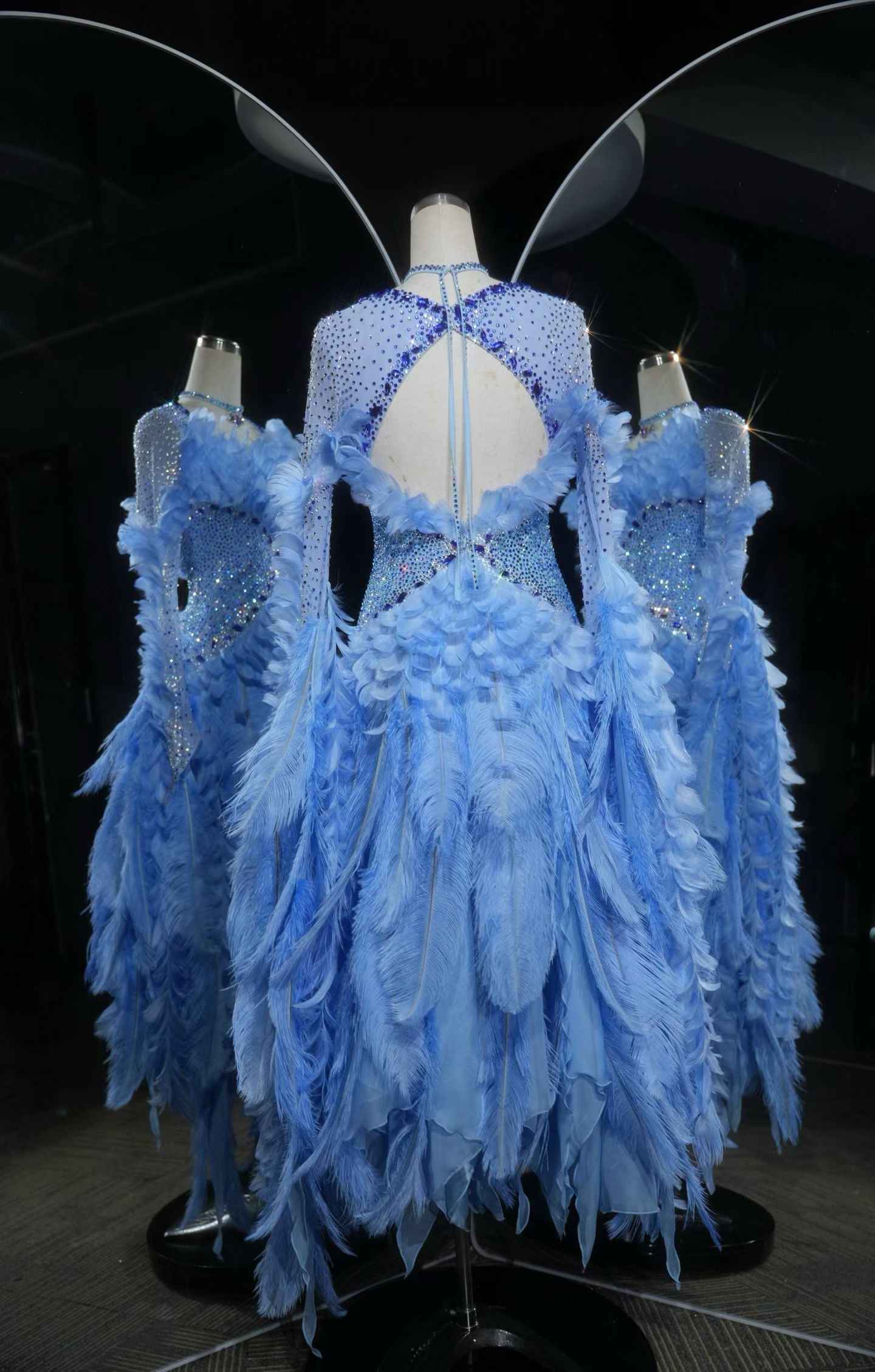 PEI.B006 Sky Blue Mesh Sleeve Ballroom Dance Dress Bling