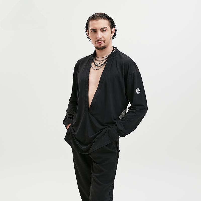 BOBO Boys Latin Dance Suit Men's Deep V-Neck Black National Standard Top Long Sleeve Dance Suit Practice Adult Exercise Practice