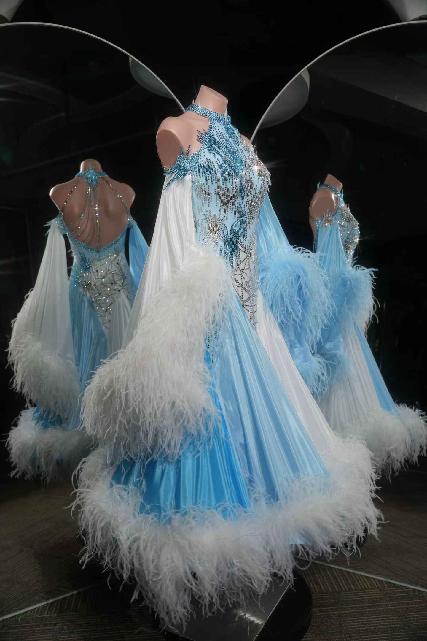 PEI.B001 Luxury Standard Ballroom Dance Dress Rhinestone Feather