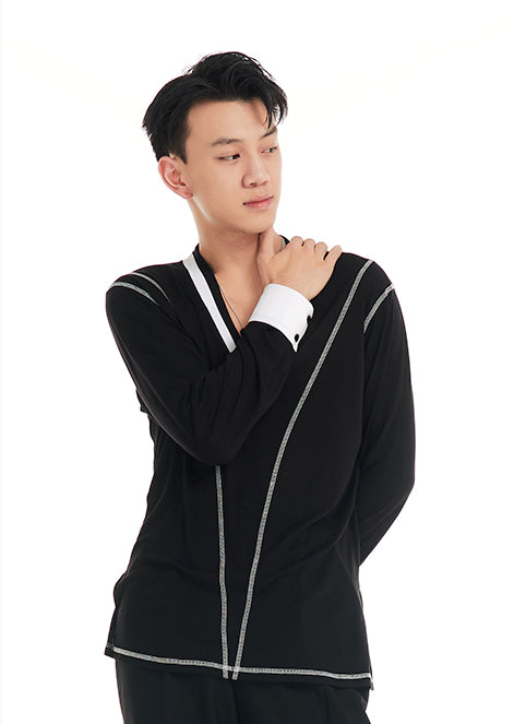 DUYQ "Black and White" Men's 004 Big V Long Sleeve Top Adult National Standard Latin Dance Practice Performance Suit Premium