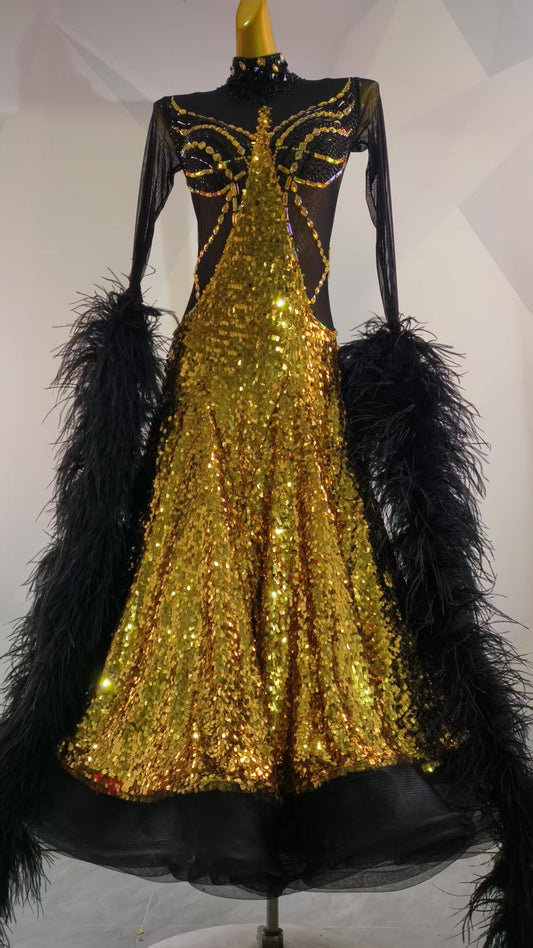 PERMINO.B038F Gold Sequin Black Feather Ballroom Competition Dance Dress for Women - Mine·Jas